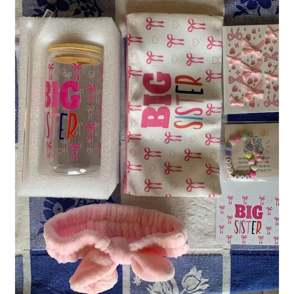BIG SISTER Pink Bow Tumbler Gift Set with Bag & Card -Baby Announcement